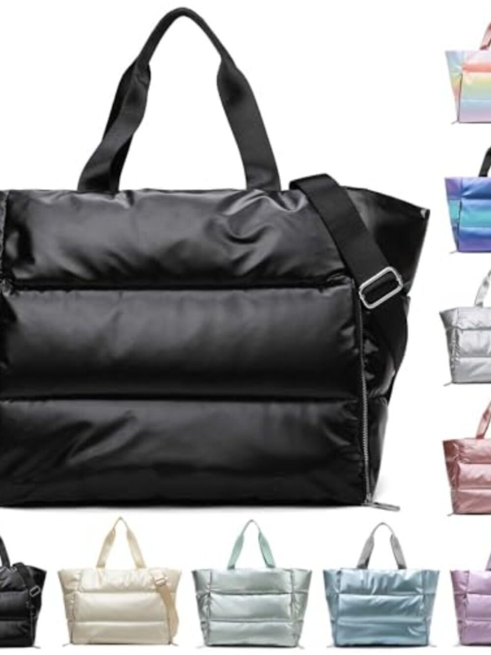 Large Quilted Puffer Tote Bag Lightweight Nylon Gym Travel Shoulder Handbag